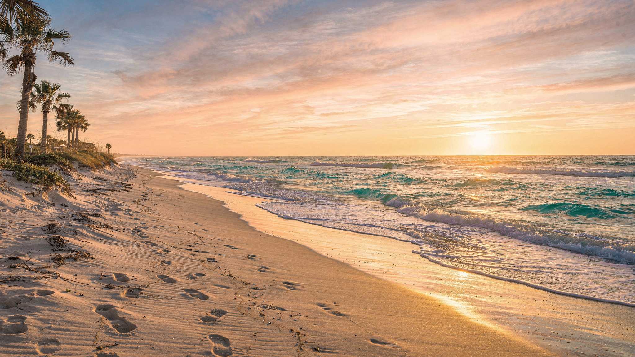South Padre inspired coastal artwork with palms, golden sand and turquoise waves at sunrise.