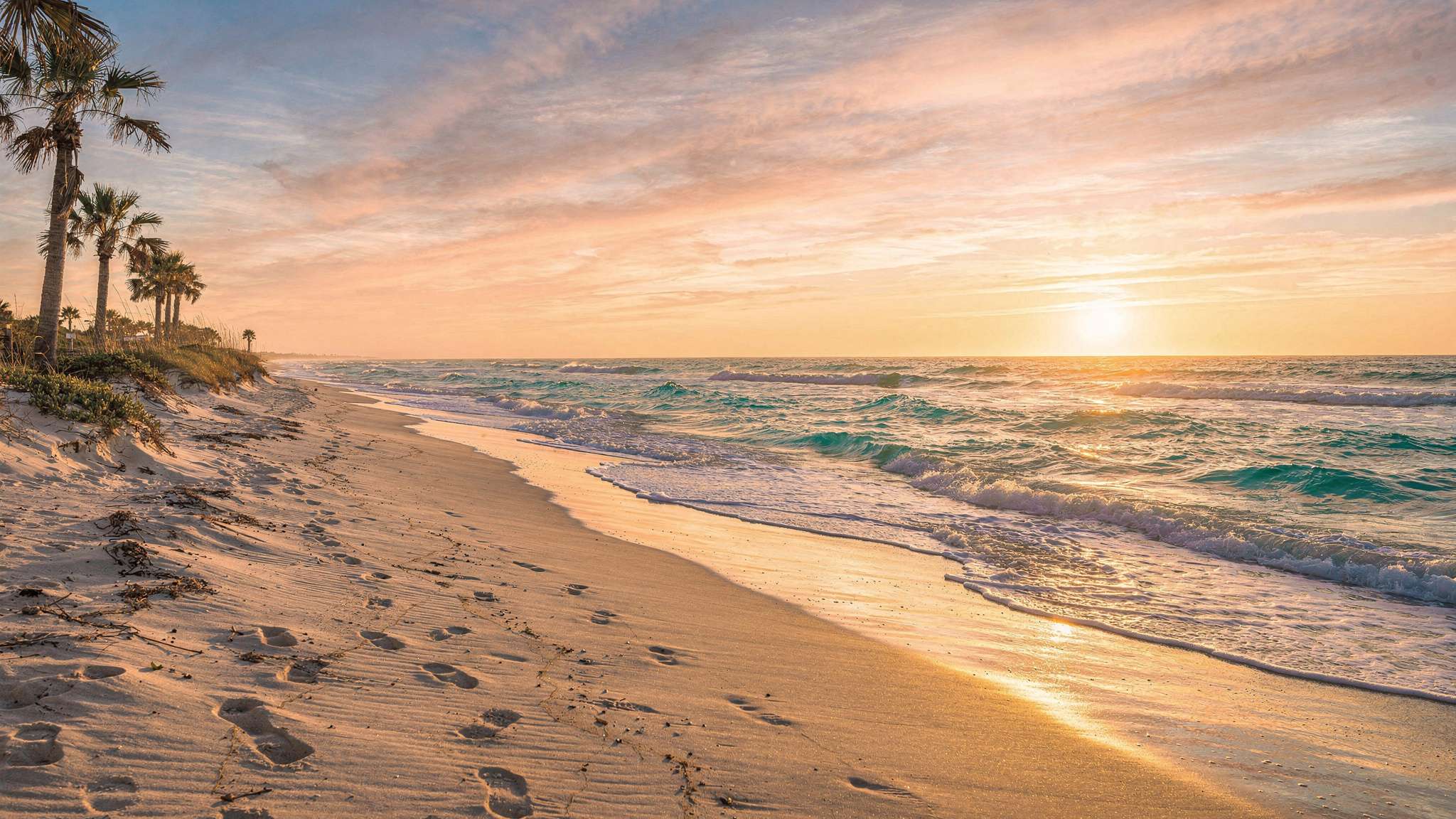 Colorful island sunrise with palms and turquoise surf.
