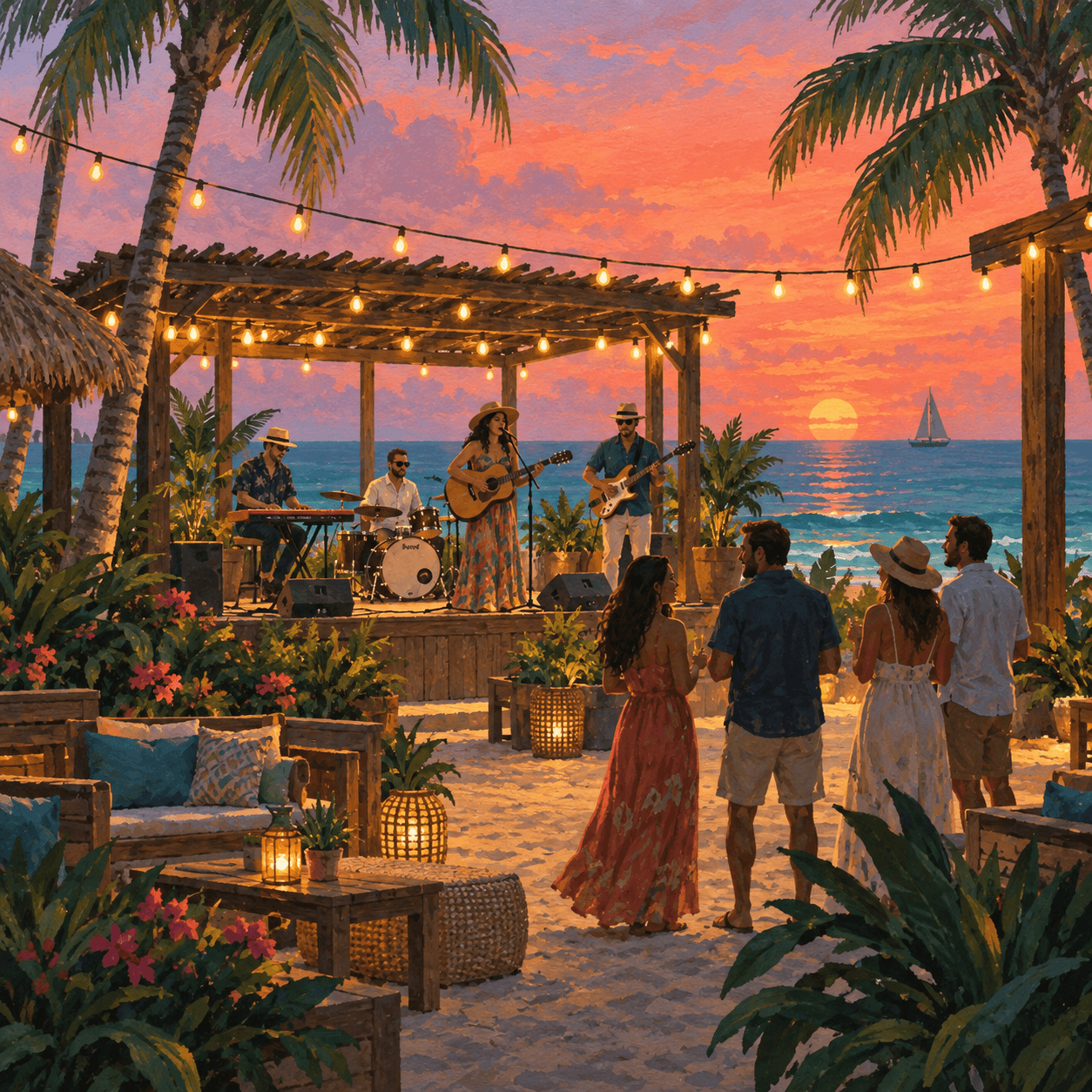 Illustrated live music and palms at a colorful seaside venue.