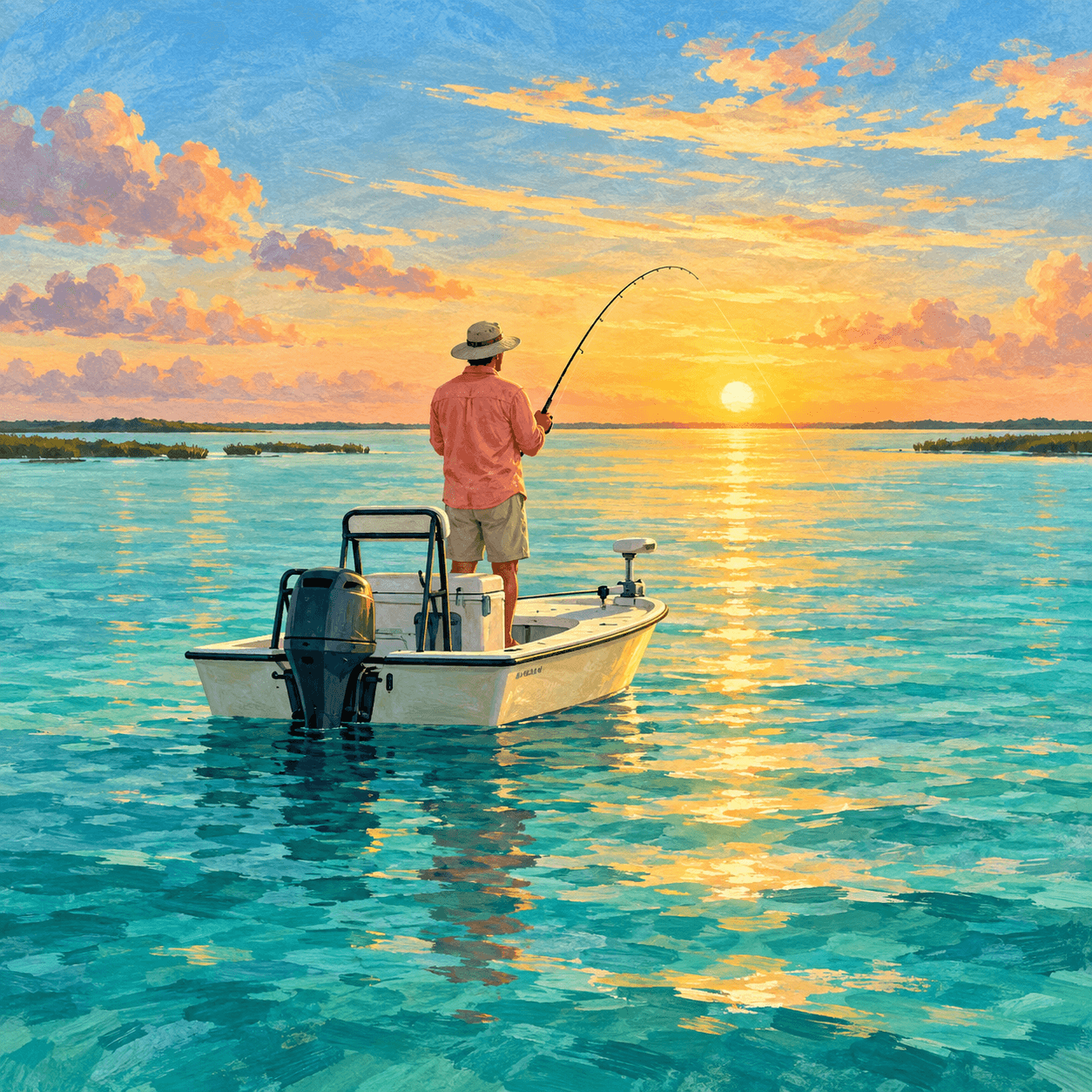 Illustrated angler fishing from a small boat in golden morning light.