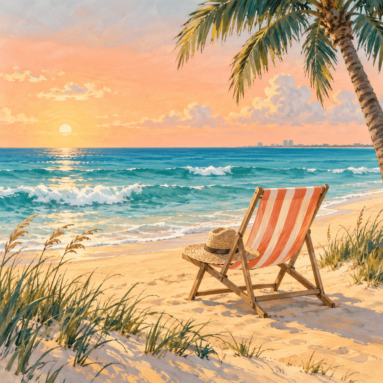 Illustrated coral-striped beach chair beside turquoise surf.
