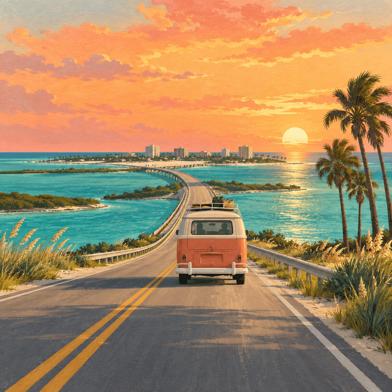 Illustrated camper van crossing turquoise water on a coastal road trip.