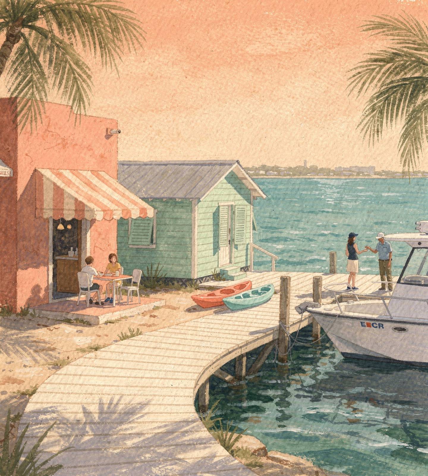 Painted fictional island boardwalk connecting a café, local shops, and a fishing charter marina.