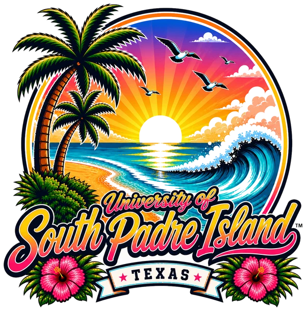 The University of South Padre Island and Port Isabel badge: a sunset over the Gulf, palms, a wave and the words University of South Padre Island, Texas